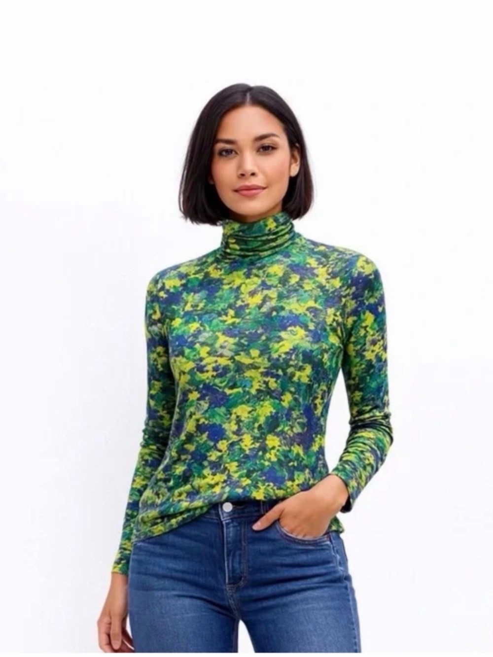 Ganni Green Multi Floral Turtleneck Long-Sleeve Top